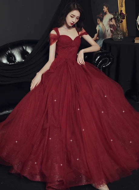 Burgundy Glitter Tulle A-Line Sweetheart Lace-Up Back Floor-Length Dress