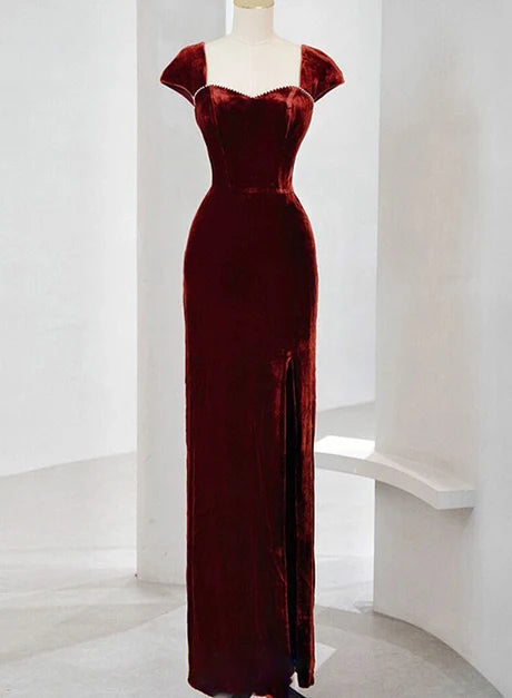 Burgundy Cap Sleeve Velvet Mermaid Dress With Bow Back
