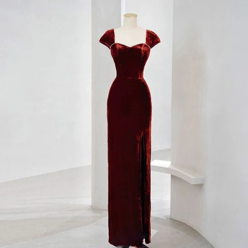 Burgundy Cap Sleeve Velvet Mermaid Dress With Bow Back