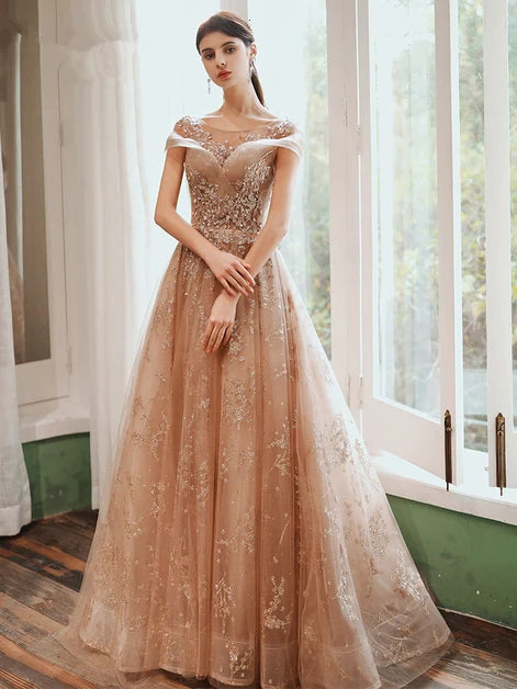 Champagne Off Shoulder Beaded Lace A Line Prom Dress Corset Lace Up Back