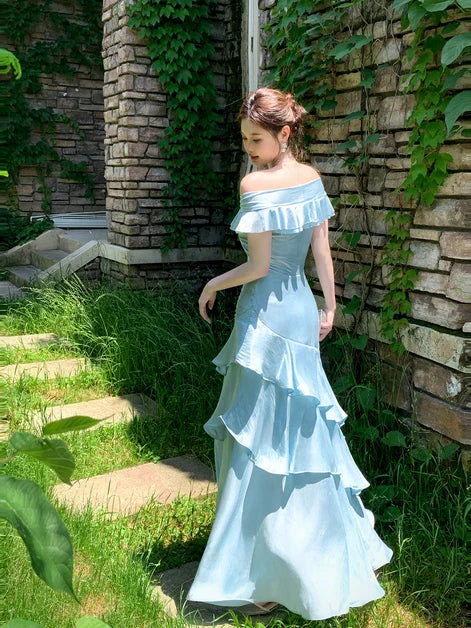 Sky Blue Satin Tiered Off-the-Shoulder Zipper Back Floor-Length Dress