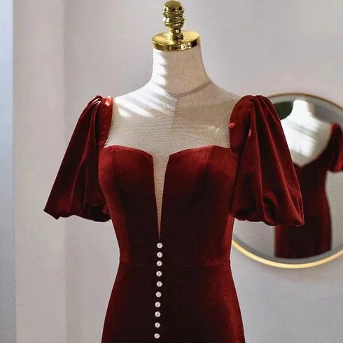 Burgundy Puff Sleeve Velvet Mermaid Prom Dress With Pearls
