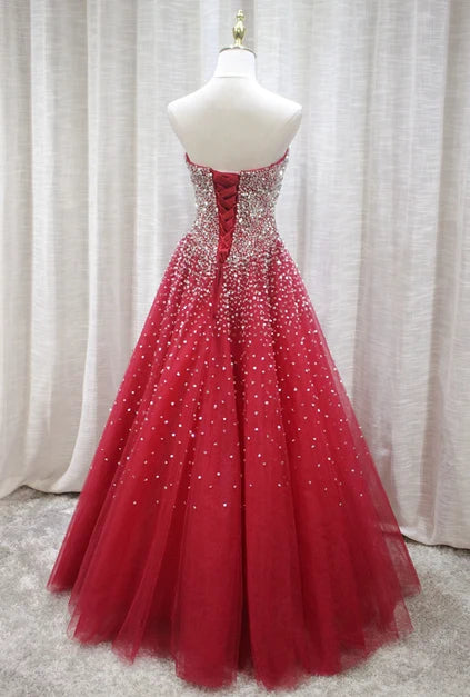 Red Strapless Beaded Tulle Ball Gown