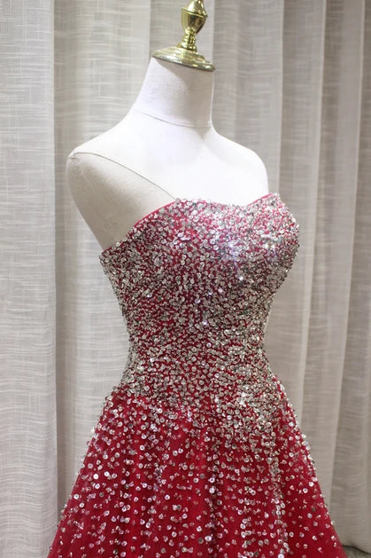 Red Strapless Beaded Tulle Ball Gown