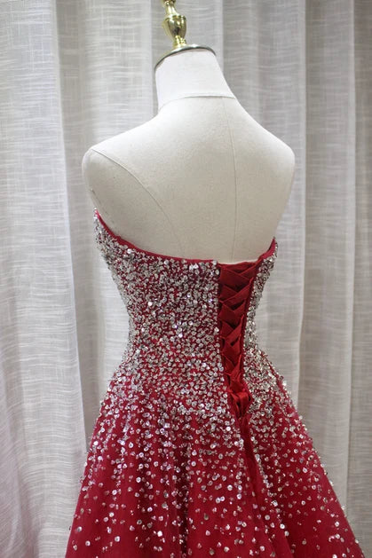 Red Strapless Beaded Tulle Ball Gown