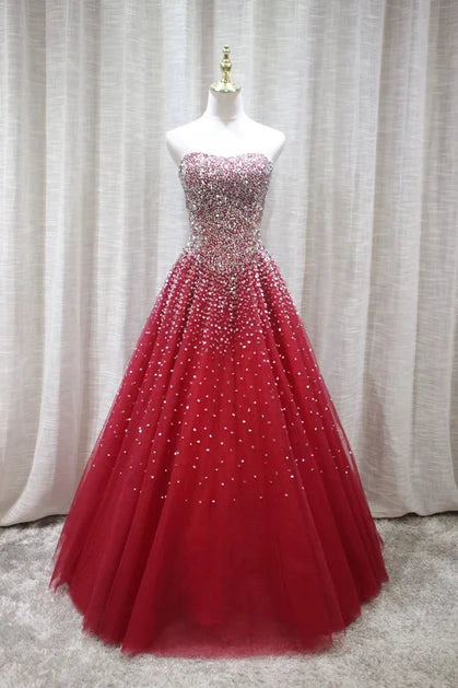 Red Strapless Beaded Tulle Ball Gown
