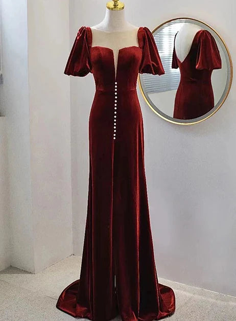 Burgundy Puff Sleeve Velvet Mermaid Prom Dress With Pearls