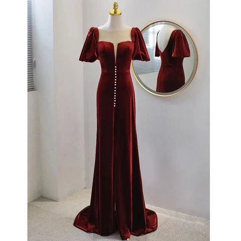 Burgundy Puff Sleeve Velvet Mermaid Prom Dress With Pearls