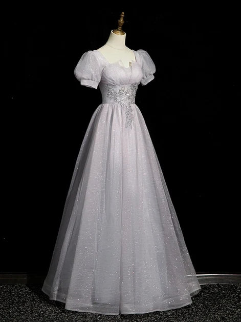 Silver Grey Glitter Tulle A-Line Sweetheart Lace-up Floor-Length Dress