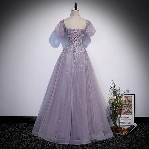 Dusty Lavender Square Neck Puff Sleeve Sequin Tulle A Line Prom Dress Corset Back