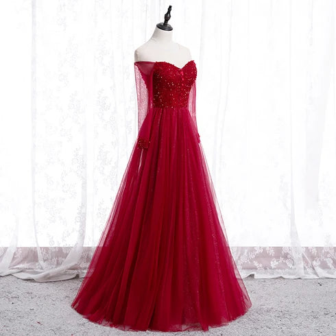 Sparkly A-line Off Shoulder Long Sleeve Lace Up Back Long Prom Dress