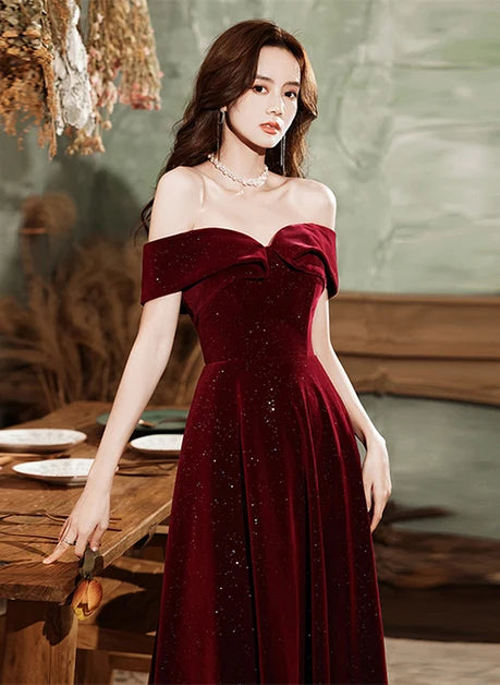 Burgundy Glitter Velvet A-Line Off-the-Shoulder Lace-up Floor-Length Dress
