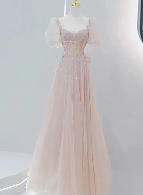Blush Pink Puff Sleeve Sweetheart Beaded Tulle Prom Dress Bow Corset Back