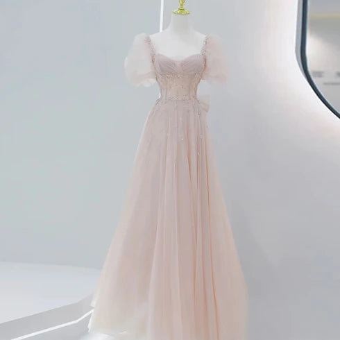 Blush Pink Puff Sleeve Sweetheart Beaded Tulle Prom Dress Bow Corset Back