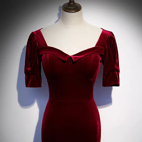 Burgundy Velvet Mermaid Prom Dress Square Neck Short Sleeves Front Slit