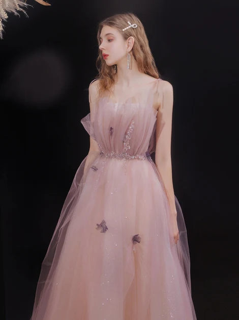 Blush Pink Spaghetti Strap Tulle Prom Dress With 3D Butterfly Appliques