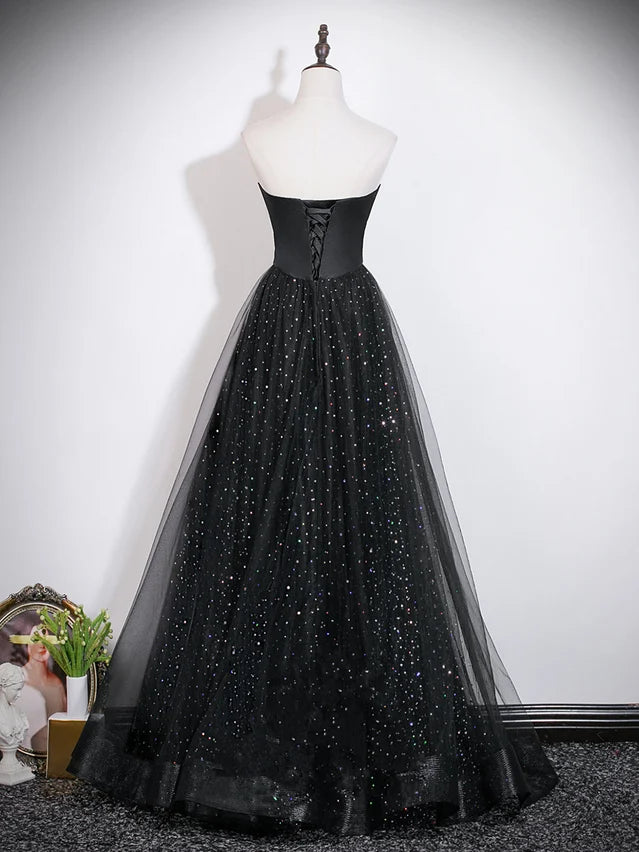 Black Glitter Tulle A-Line Sweetheart Lace-Up Back Floor-Length Dress