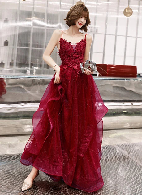 Stunning A-line V Neck Spaghetti Strap Lace Up Back Long Prom Dress