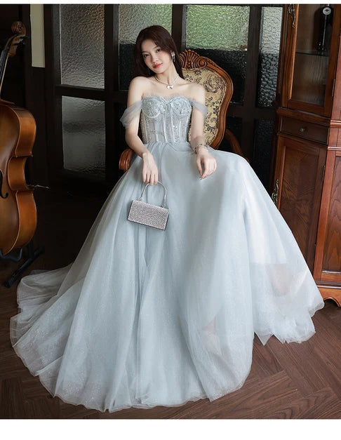 Gorgeous A-line Sweetheart Off Shoulder Lace Up Back Long Prom Dress