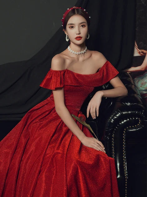 Red Glitter Fabric A-Line Off-the-Shoulder Lace-Up Back Floor-Length Dress
