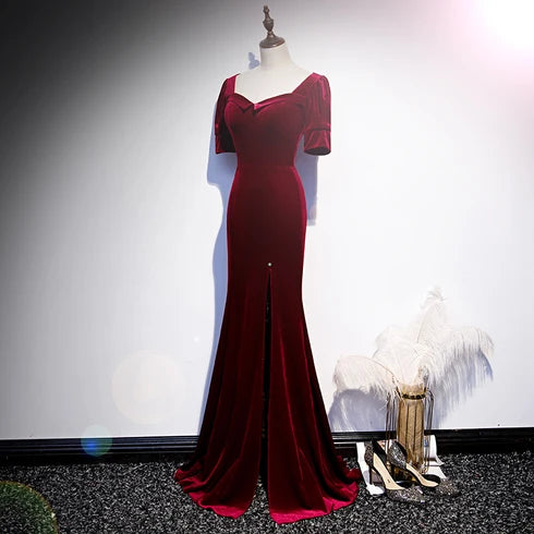 Burgundy Velvet Mermaid Prom Dress Square Neck Short Sleeves Front Slit