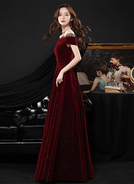 Burgundy Glitter Velvet and Mesh A-Line Off-the-Shoulder Floor-Length Dress