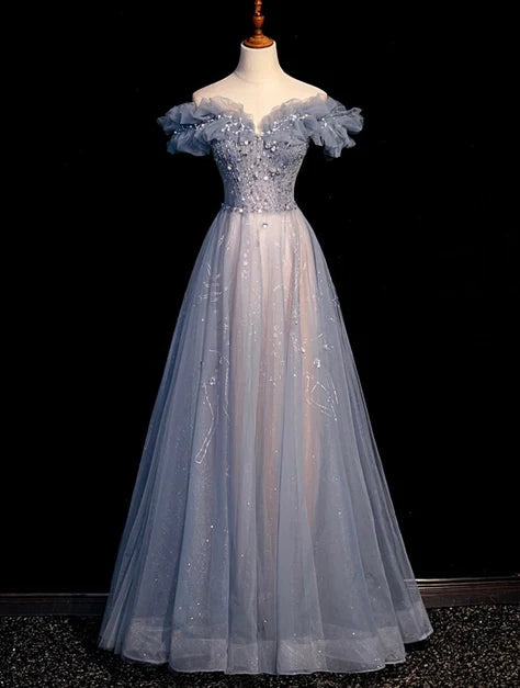 Dusty Blue Off Shoulder Sparkly Tulle Prom Dress Beaded Bodice