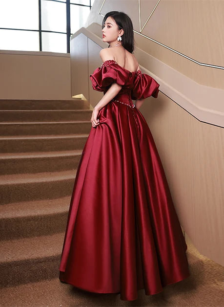 Burgundy Satin A-Line Off-the-Shoulder Lace-Up Back Floor-Length Dress