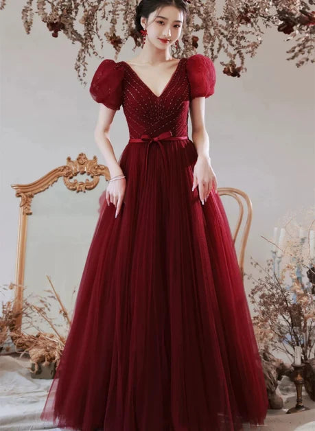 Burgundy Tulle A-Line V-Neck Lace-up Floor-Length Dress