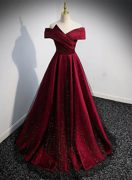 Elegant A-line Off Shoulder Cap Sleeve Lace Up Back Long Prom Dress
