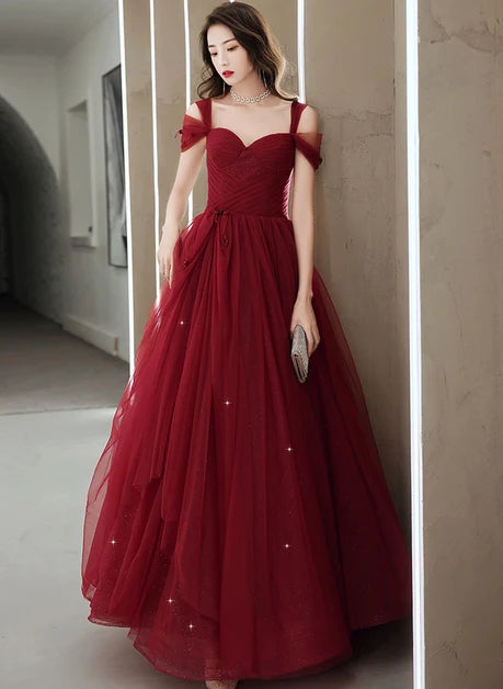 Burgundy Glitter Tulle A-Line Sweetheart Lace-Up Back Floor-Length Dress