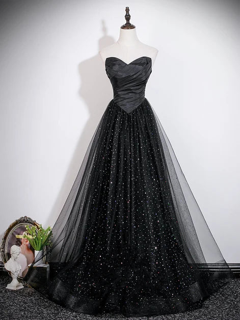 Black Glitter Tulle A-Line Sweetheart Lace-Up Back Floor-Length Dress