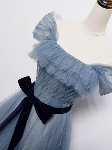 Dusty Blue Off Shoulder Glitter Tulle A Line Prom Dress With Black Velvet Bow Sash