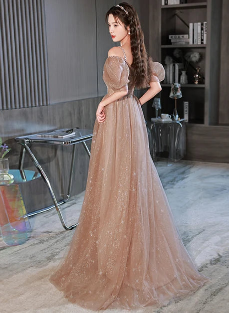 Champagne Glitter Tulle A-Line Off-the-Shoulder Floor-Length Dress