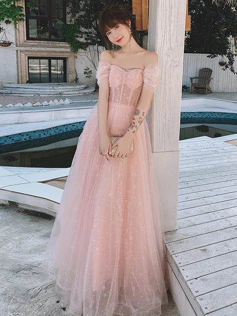 Blush Pink Star Glitter Tulle A Line Prom Dress Off Shoulder Puff Sleeve
