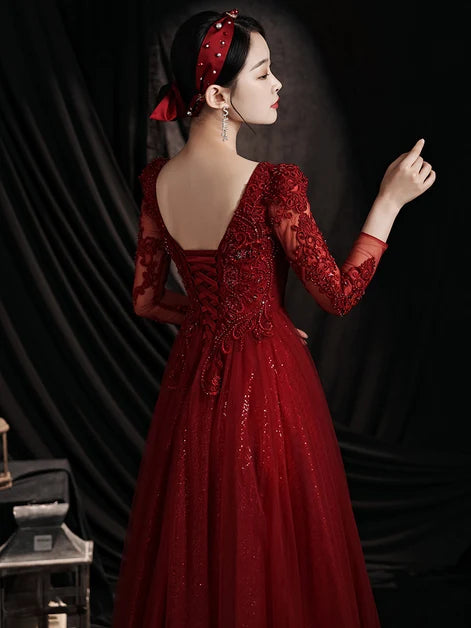 Romantic A-line Square Long Sleeve Lace Up Back Long Prom Dress