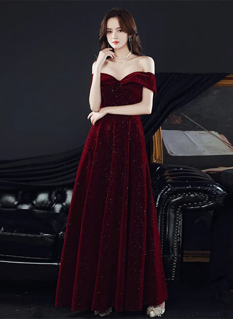 Burgundy Glitter Velvet A-Line Off-the-Shoulder Lace-up Floor-Length Dress