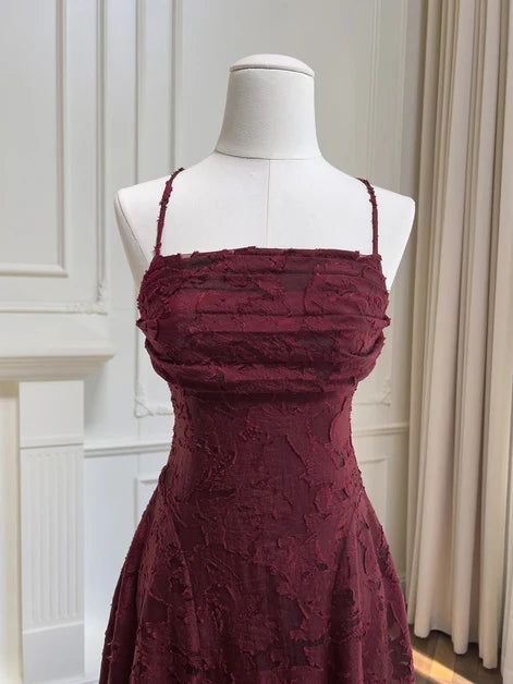 Burgundy Lace A-Line Straight Across Criss-Cross Back Ankle Length Dress