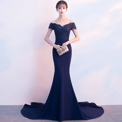 Navy Blue Off Shoulder Lace Mermaid Prom Dress With Sheer Train