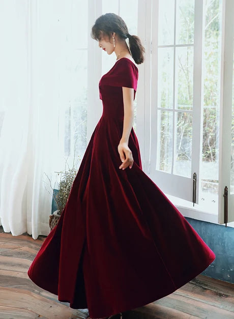 Classic A-line Off Shoulder Short Sleeve Lace Up Back Midi Prom Dress