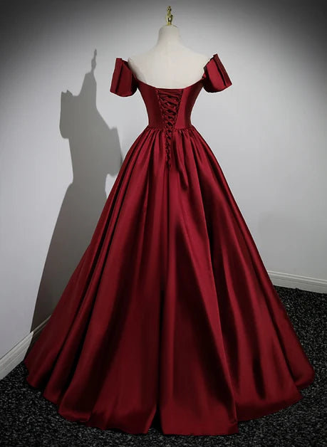 Burgundy Satin A-Line Sweetheart Lace-Up Back Floor-Length Dress