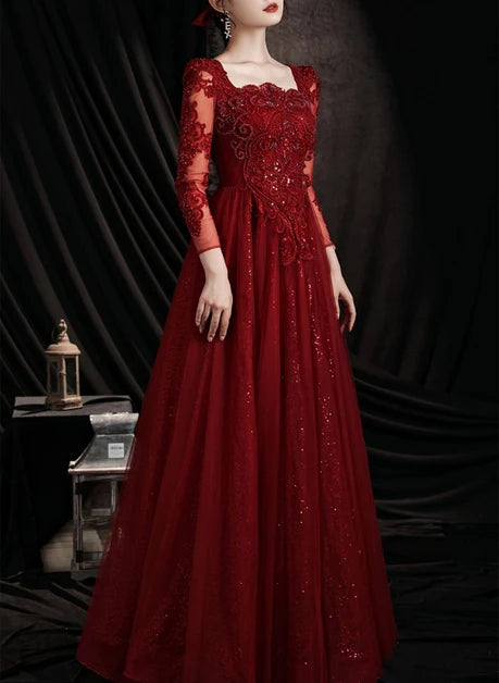Romantic A-line Square Long Sleeve Lace Up Back Long Prom Dress