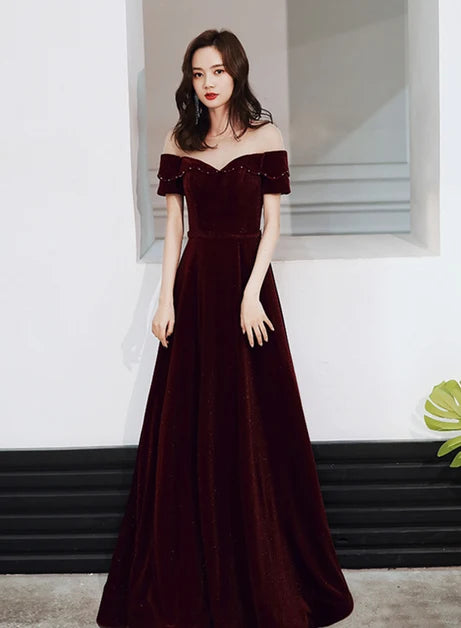 Burgundy Off Shoulder Velvet A Line Prom Dress With Beading