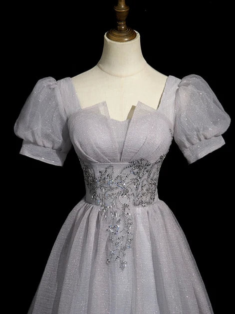 Silver Grey Glitter Tulle A-Line Sweetheart Lace-up Floor-Length Dress