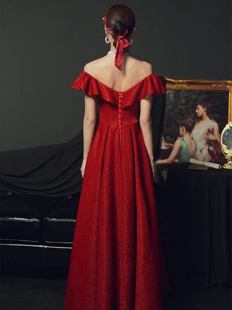 Red Glitter Fabric A-Line Off-the-Shoulder Lace-Up Back Floor-Length Dress