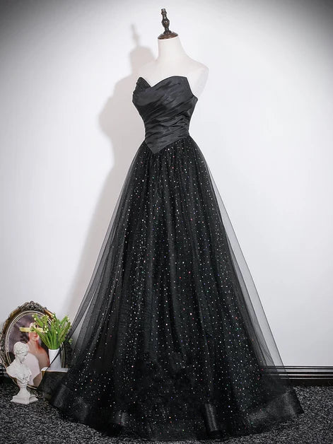 Black Glitter Tulle A-Line Sweetheart Lace-Up Back Floor-Length Dress