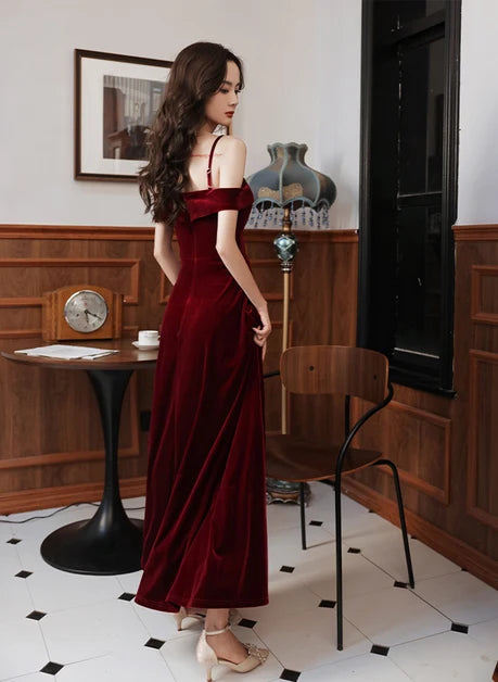 Burgundy Velvet A-Line Sweetheart Zipper Back Ankle-Length Dress