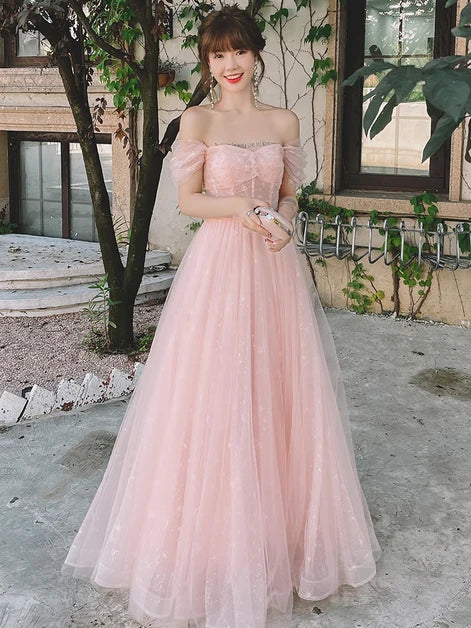 Blush Pink Star Glitter Tulle A Line Prom Dress Off Shoulder Puff Sleeve