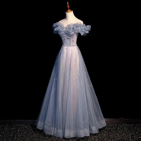 Dusty Blue Off Shoulder Sparkly Tulle Prom Dress Beaded Bodice