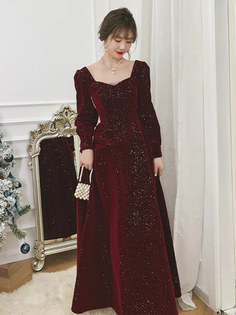 Burgundy Glitter Velvet A-Line Sweetheart Zipper Back Floor-Length Dress